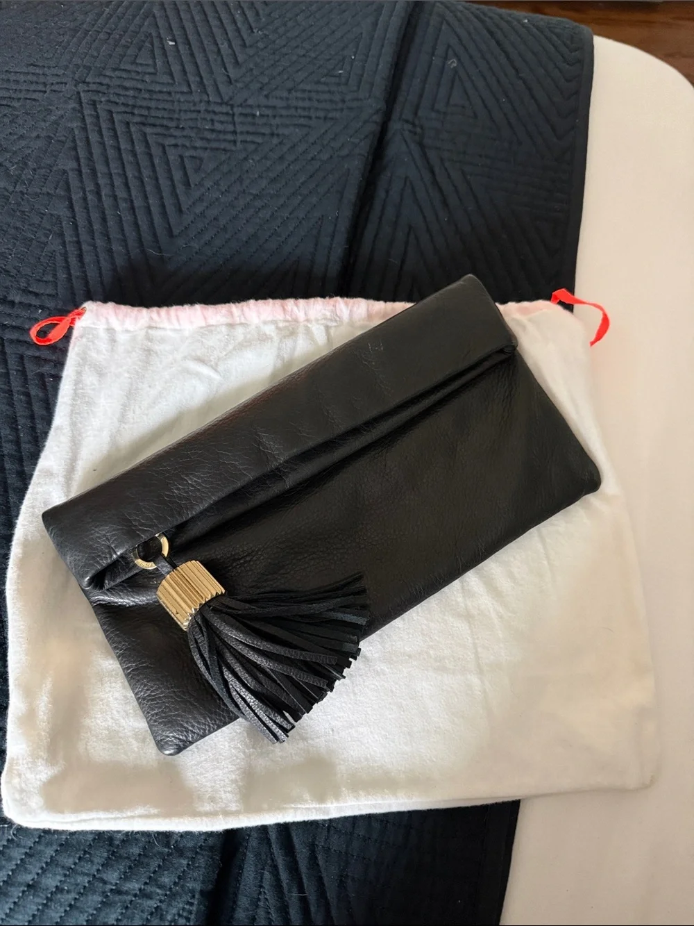 India Hicks Black Leather Foldover Clutch with Tassel